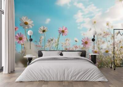 A beautiful day with a meadow full of pink and white spring daisies Wall mural