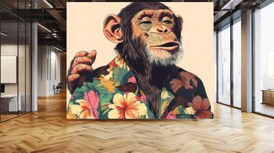 illustration d'un chimpanzé habillé avec une chemise à fleur, la bouche ouverte et un doigt en l'air - fond uni beige Wall mural