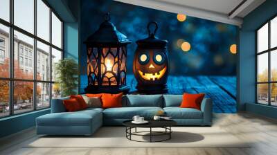 Two halloween lanterns with evil eyes and face on a wood table with a spooky dark blue background at night with light bokeh.  Wall mural