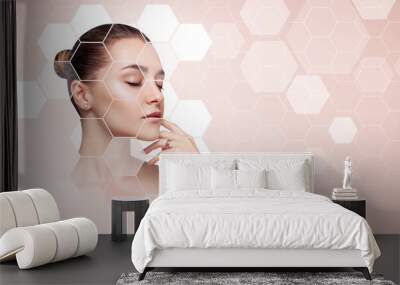 Young sensual woman with mosaic honeycombs on face. Wall mural