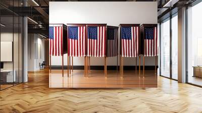 american flag draped traditional wooden voting booth diverse group people lined cast votes Wall mural