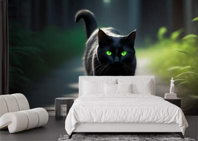 black cat glowing green eyes prowls shadows Wall mural