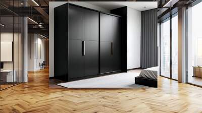 black wooden wardrobe fits minimal decor sleek modern bedroom clean lines simplicity Wall mural