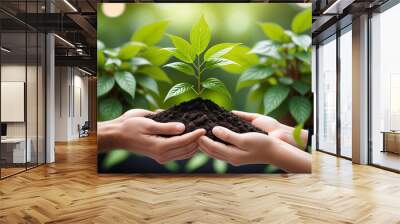 business hands holding green plants symbolizing business collaboration high resolution high details vibrant Wall mural