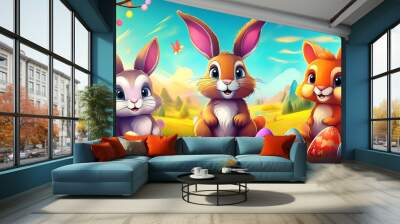 cartoon rabbit animals field easter eggs Wall mural