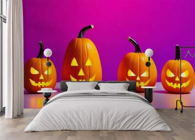 Carved squashes illuminated in fluorescent neon colors against a vibrant background, creating a lively Halloween atmosphere. Wall mural