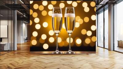 champagne glasses golden bubbles bokeh background valentine celebration concept high resolution high details vibrant Wall mural