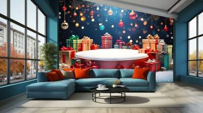 christmas podium features blurred collection shiny lights gifts colorful ornaments amidst snowflakes festive atmosphere tonight Wall mural