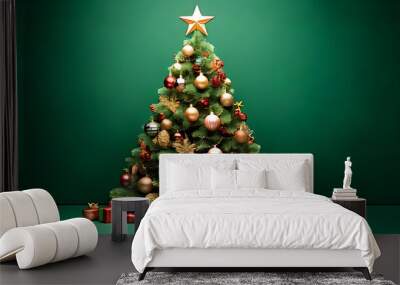 christmas tree rendered festive ornaments decorations surrounded green background Wall mural