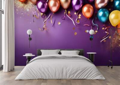 colorful balloons confetti purple background space text perfect invites cards festive events Wall mural