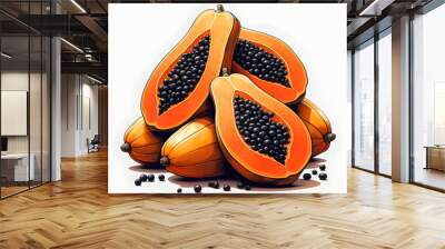 create image bunch tropical papayas white background emphasizing orange flesh black seeds Wall mural