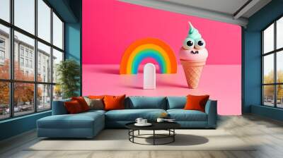 creative layout made eyeball figurines eyelashes ice cream cone pastel pink background halloween minimal creative concept rainbow Wall mural