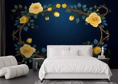 dark blue background creative floral frame yellow roses twigs branches leaves vines intertwined vibrant flowers creating fantasy vignette Wall mural