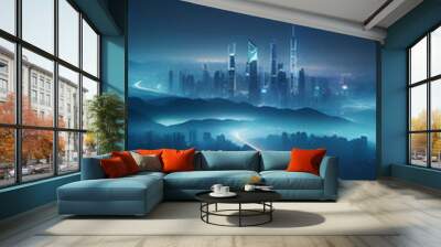 futuristic glowing city shown aerial view city lights illuminating misty foggy darkness cinematic mood creates sense mystery wonder Wall mural