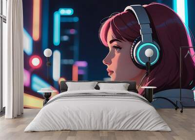 girl headphones looking neon city lights night style Wall mural