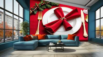 golden cutlery red cloth napkin christmas dinner setting festive celebration holiday table Wall mural