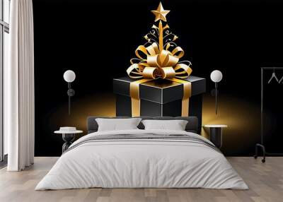 golden gift box sits dark black christmas backdrop adorned festive lights ornaments surrounding beautifully decorated tree Wall mural