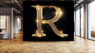 golden glowing letter r black background fantasy letter glitter sparkling magical particles Wall mural