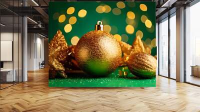 golden ornaments green festive background sparkling lights holiday decorations surrounding new year theme Wall mural