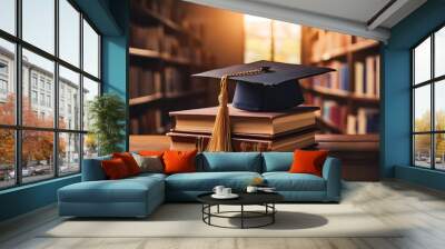 graduation cap resting books cozy library symbolizing academic achievement Wall mural