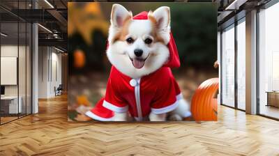 halloween costume dog pets web banner cute bichon frise dog dressed little red riding hood sitting near pumpkins fanny halloween welsh corgi pembroke dog costume Wall mural