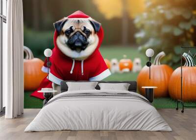 halloween costume dog pets web banner cute pug dog dressed little red riding hood sitting near pumpkins fanny halloween welsh corgi pembroke dog costume Wall mural