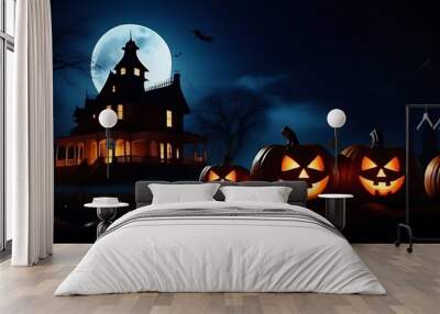 halloween horror scene creepy pumpkins spooky haunted mansion evil house night full moon Wall mural