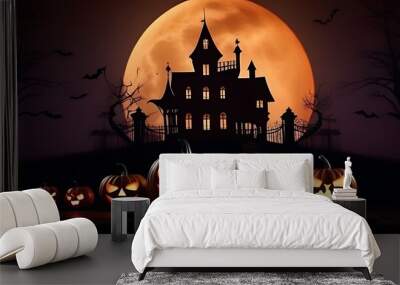 halloween scene horror background creepy pumpkins spooky halloween haunted mansion evil house night full moon Wall mural