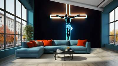 holy glowing neon crucifix christ isolated dark background symbolizing faith prayer light shining darkness Wall mural