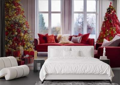 living room decorated traditional red gold christmas decor Wall mural