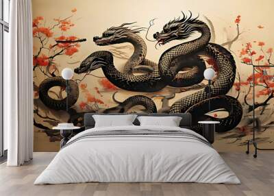 lunar new year art features minimalist black ink snake painting bold style celebration Wall mural