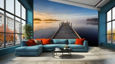 minimalist wooden pier extending misty lake sunrise reflective water surface atmospheric landscape create serene contemplative scene Wall mural