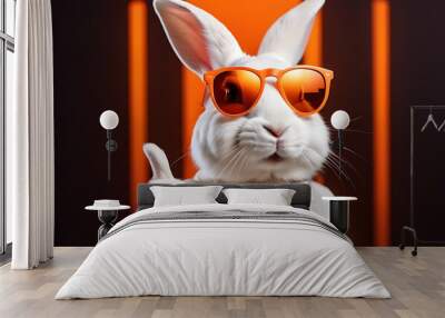 modern white rabbit orange sunglasses thumbs solid orange background Wall mural