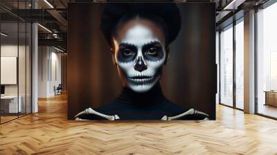 mysterious african american woman split face half skull half skeleton evoking halloween horror concept supernatural cinematic style Wall mural