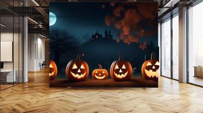 night scene glowing pumpkins curvy trees mysterious cemetery lit moonlight halloween panorama cartoon illustration Wall mural