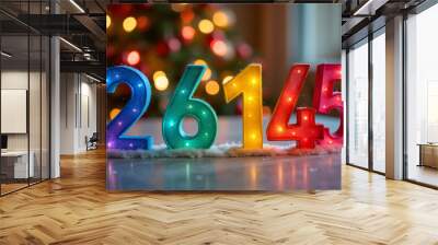 rainbow numbers decorate christmas scene festive background colorful bokeh Wall mural