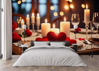 romantic dinner setup crocheted heart decorations candlelight love celebration concept high resolution high details vibrant Wall mural