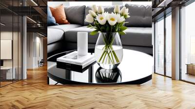 scandinavian style home features glass vase flowers round coffee table modern living room setting Wall mural