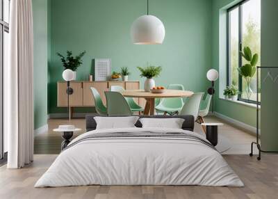 scandinavian style modern living room features mint chairs round wooden dining table green wall Wall mural