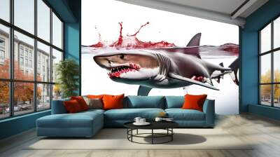 shark jaws covered blood swimming water isolated white background Wall mural