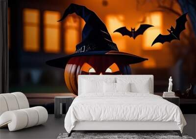 spooky halloween night scene bats pumpkins ghosts witch hat Wall mural