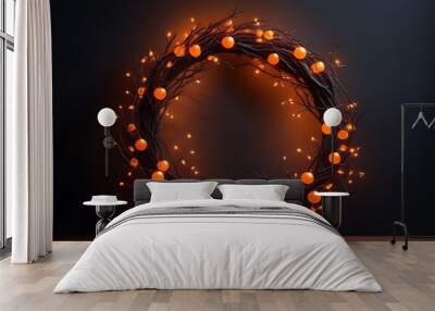 spooky halloween wreath made black branches glowing orange lights Wall mural