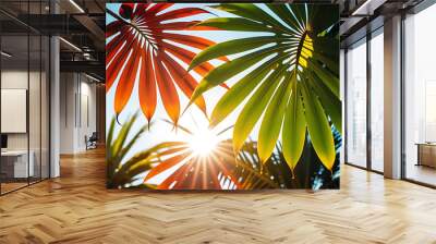 summer background colorful leaves palm art wallpaper summer colors showcases botanical tropical leaves sunlight Wall mural