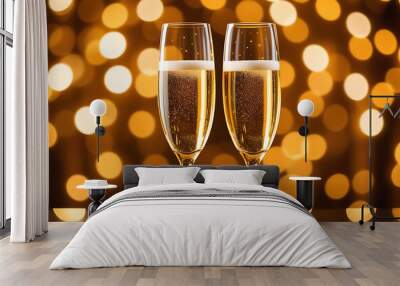 two champagne glasses golden bokeh lights intimate celebration concept high resolution high details vibrant Wall mural