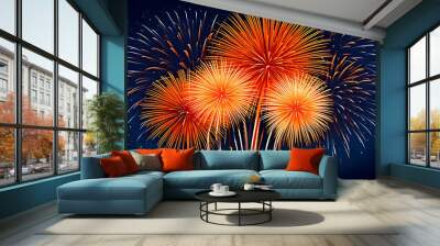 vibrant orange fireworks light deep blue background night colorful sparks flying everywhere suddenly Wall mural