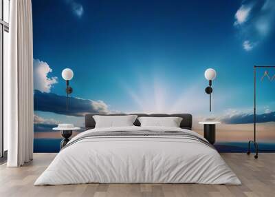 vibrant panoramic sky sky filled fantasy elements rich colors blue hues soft clouds bright sun shining center Wall mural