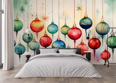 watercolor christmas ornaments hanging representing holiday decor Wall mural