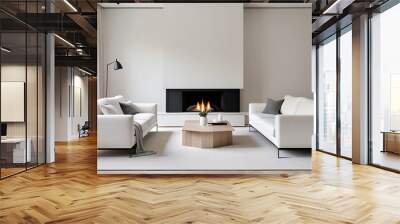 white sofas scandinavian style fireplace modern living room neutral color palette clean lines home always Wall mural