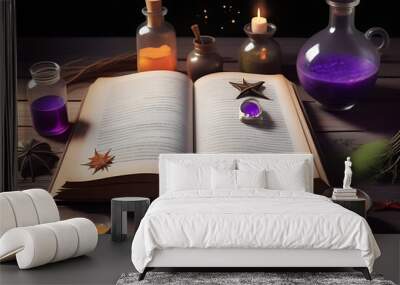 witch potion book open wooden table ingredients scattered around Wall mural