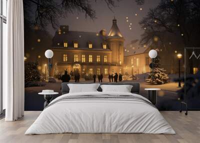 European chateau in winter with snow at night decorated for the holidays Wall mural